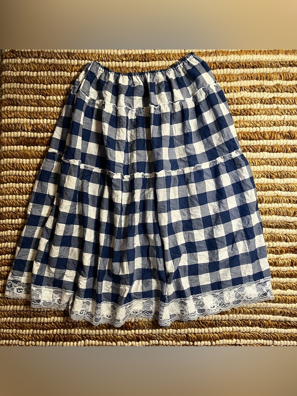 Old Navy Navy and White Gingham Tiered Midi Skirt with Lace Trim